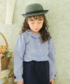 子供服 女の子 ストライプ柄リボン付きフリル袖ブラウス ネイビー(06) モデル画像アップ