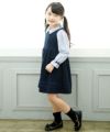 子供服 女の子 ストライプ柄リボン付きフリル袖ブラウス ネイビー(06) モデル画像全身