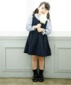 子供服 女の子 ストライプ柄リボン付きフリル袖ブラウス ネイビー(06) モデル画像1