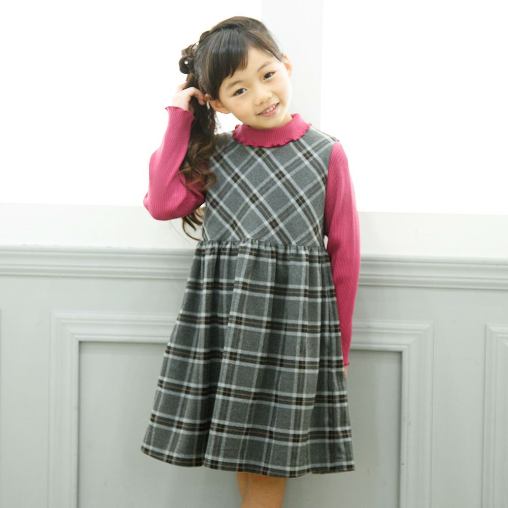 子供服 女の子 無地リブ生地インナーハイネックTシャツ 杢グレー(92)
