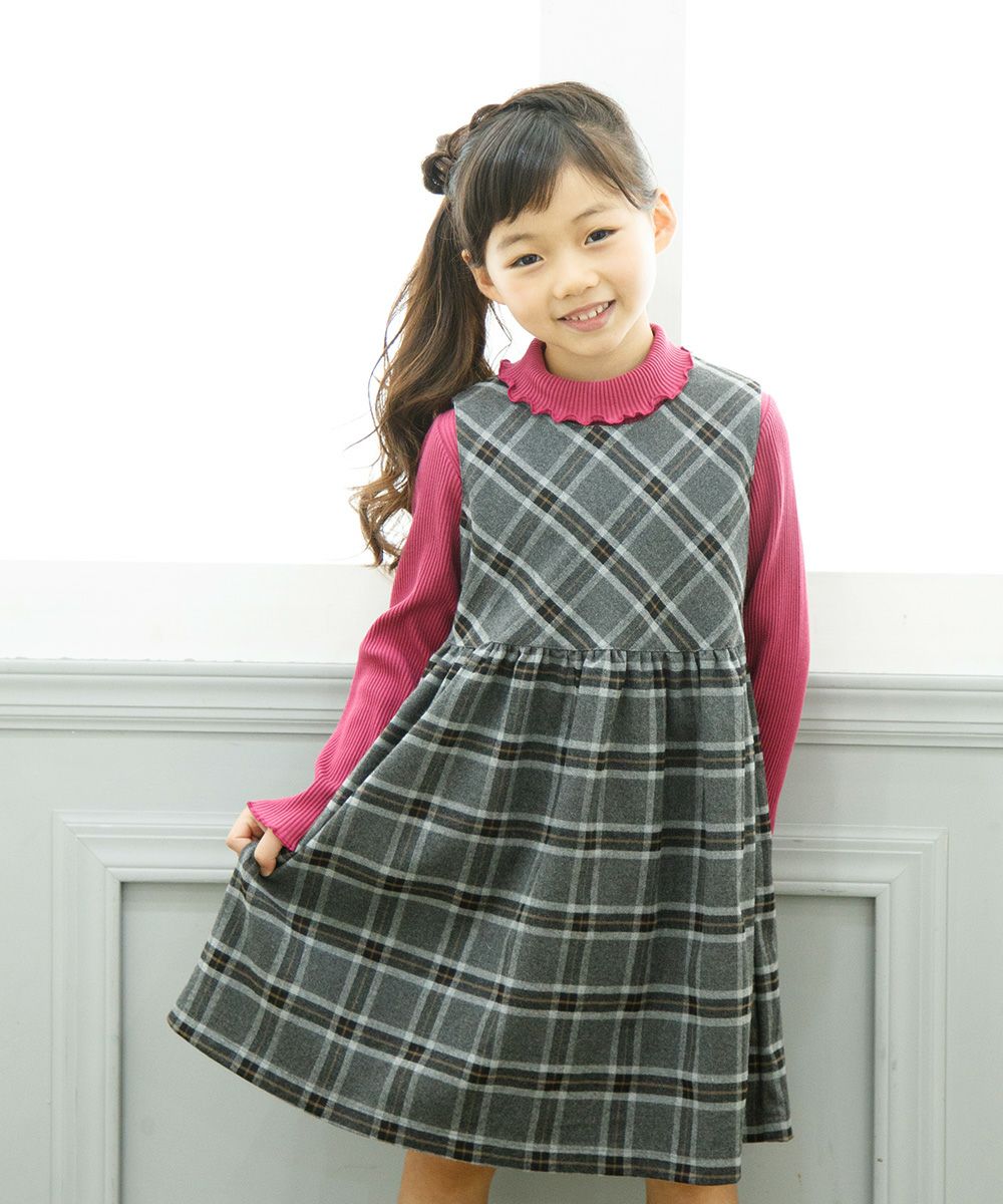 子供服 女の子 無地リブ生地インナーハイネックTシャツ 杢グレー(92)