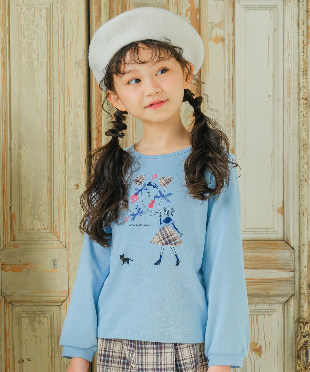子供服 女の子 綿100％女の子モチーフ＆チェック柄ハート＆音符Tシャツ ブルー(61) モデル画像アップ