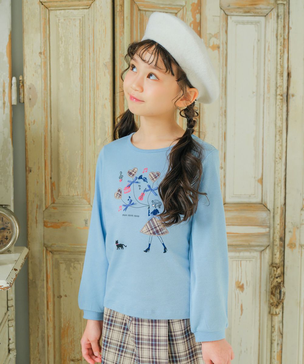 子供服 女の子 綿100％女の子モチーフ＆チェック柄ハート＆音符Tシャツ ブルー(61) モデル画像1