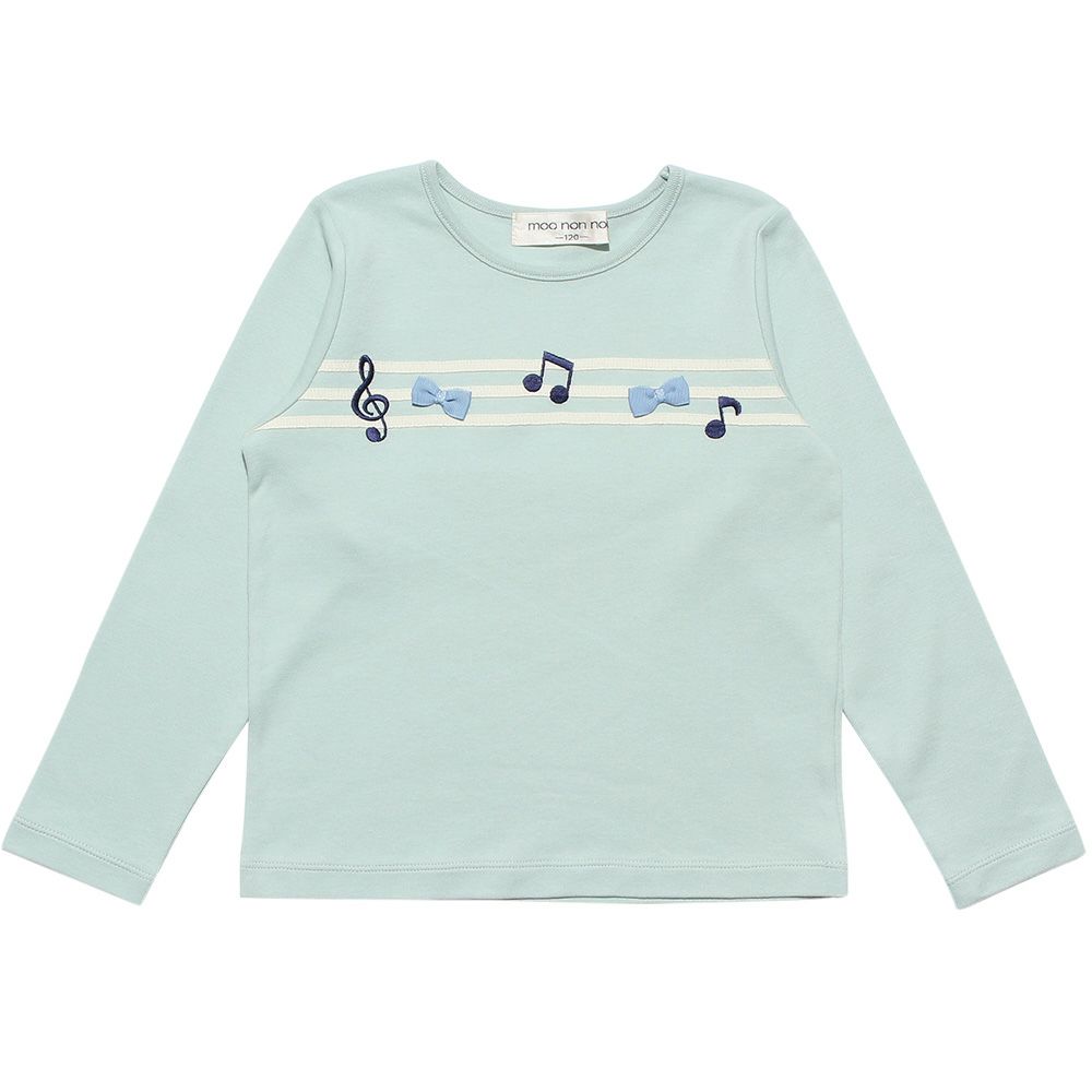 子供服 女の子 綿100％音符刺繍＆リボン付きTシャツ グリーン(08) 正面