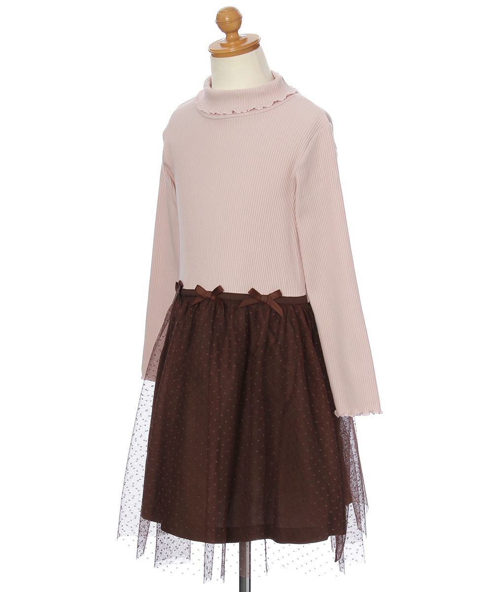 ベビー服 女の子 リブカットソーリボン付きドットチュールドッキングワンピース ピンク(02) トルソー斜め
