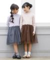 ベビー服 女の子 リブカットソーリボン付きドットチュールドッキングワンピース ピンク(02) モデル画像全身