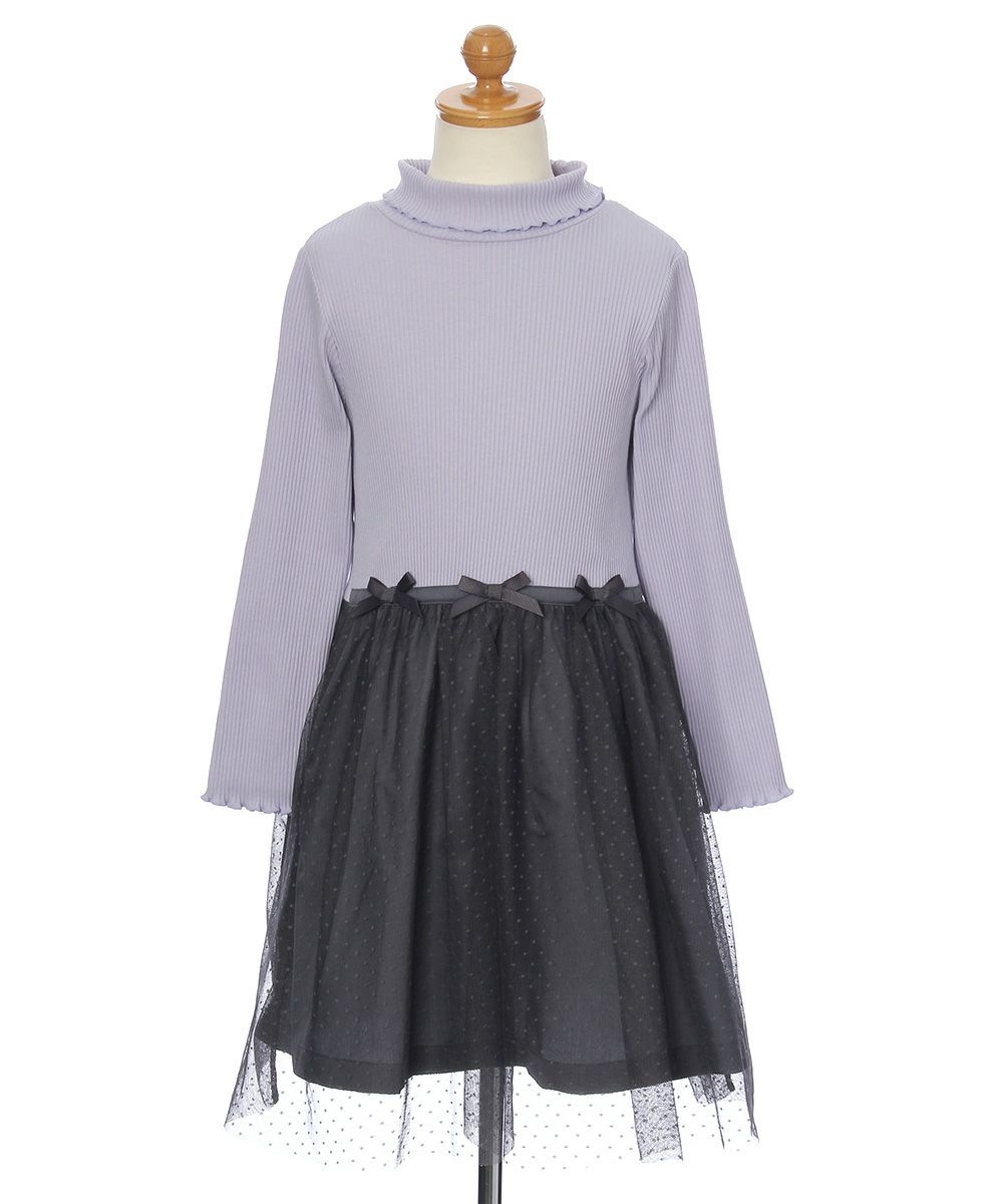 ベビー服 女の子 リブカットソーリボン付きドットチュールドッキングワンピース パープル(91) トルソー正面