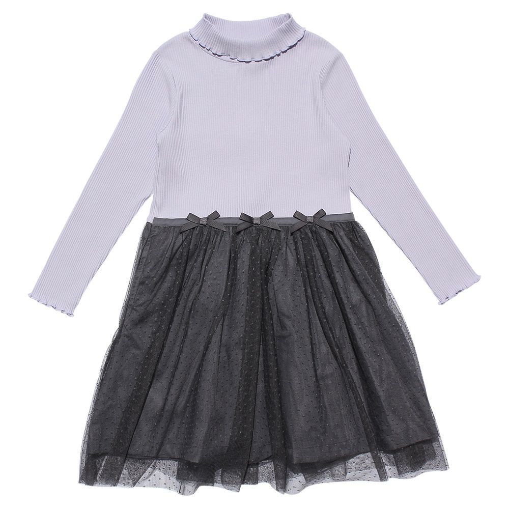 ベビー服 女の子 リブカットソーリボン付きドットチュールドッキングワンピース パープル(91) 正面