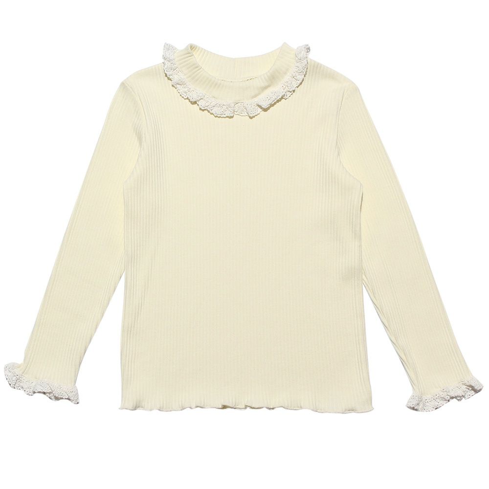 子供服 女の子 綿100％レース付きタートルネックTシャツ オフホワイト(11) 正面