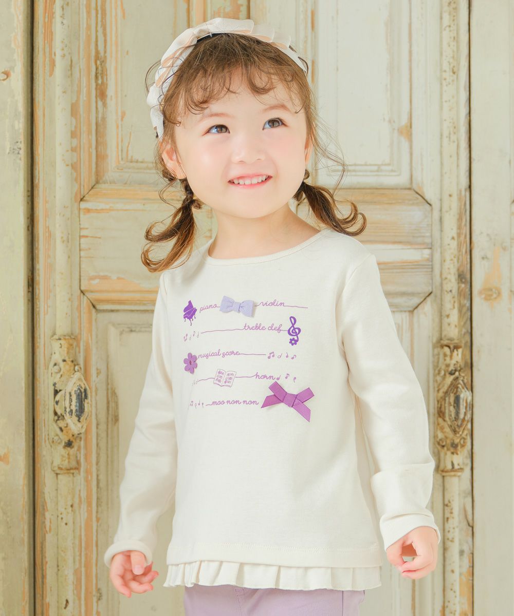 こども服 子ども服 子供服 女の子 リボン＆お花モチーフ＆フリル付きロゴプリントTシャツ かわいい アイボリー(12) モデル画像1