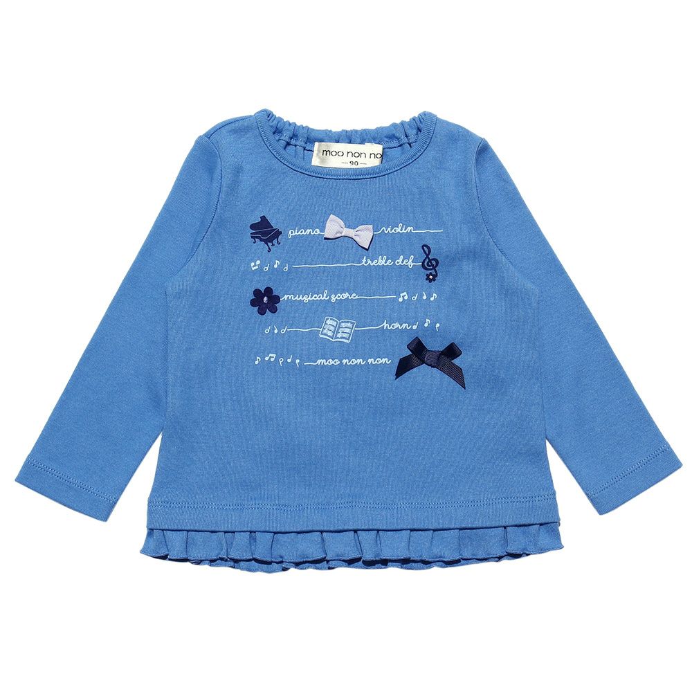 ベビー服 女の子 ベビーサイズリボン＆お花モチーフ＆フリル付きロゴプリントTシャツ ブルー(61) 正面