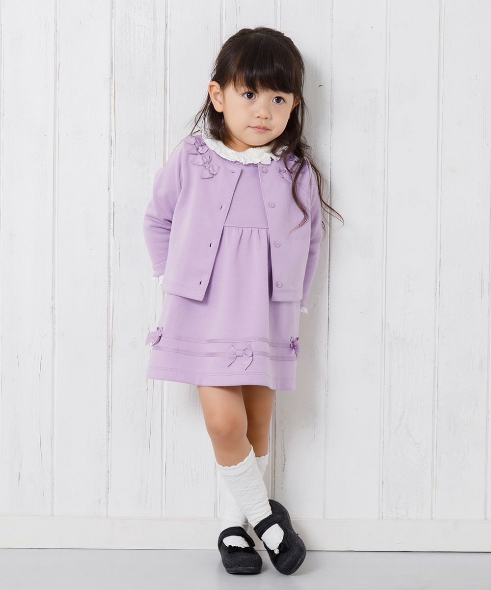 ベビー服 女の子 ベビーサイズリボン付きダブルニットカーディガン パープル(91) モデル画像2