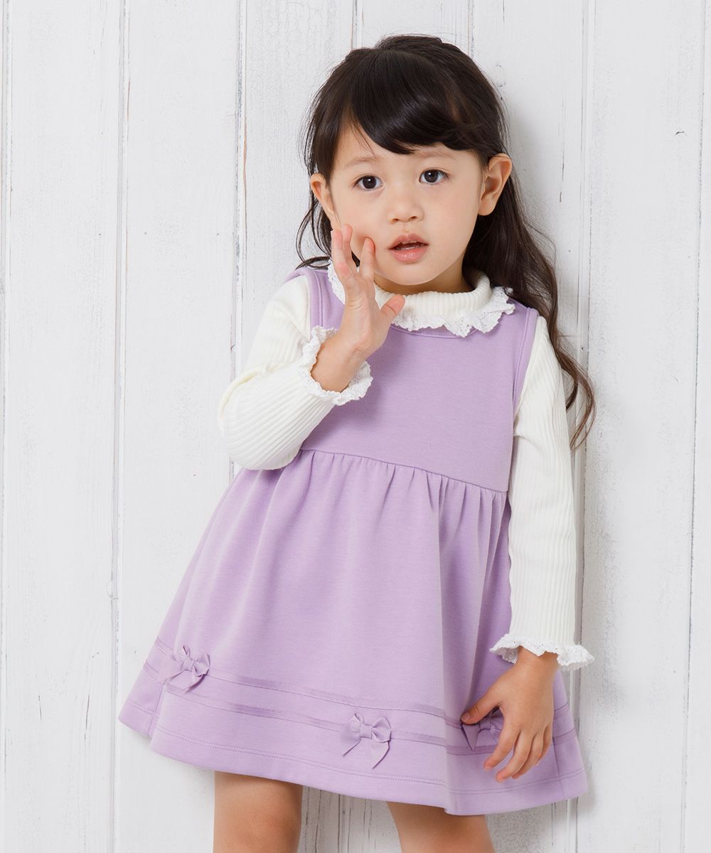 ベビー服 女の子 ベビーサイズダブルニットリボン付きギャザーワンピース パープル(91) モデル画像アップ