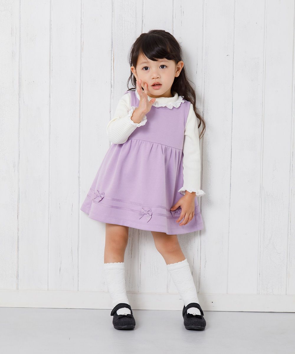 ベビー服 女の子 ベビーサイズダブルニットリボン付きギャザーワンピース パープル(91) モデル画像全身