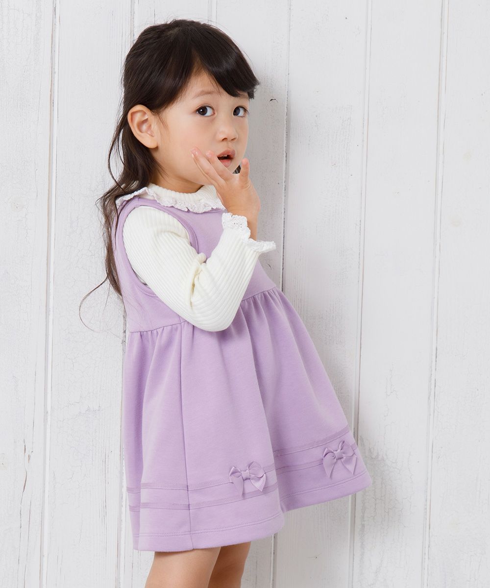 ベビー服 女の子 ベビーサイズダブルニットリボン付きギャザーワンピース パープル(91) モデル画像1