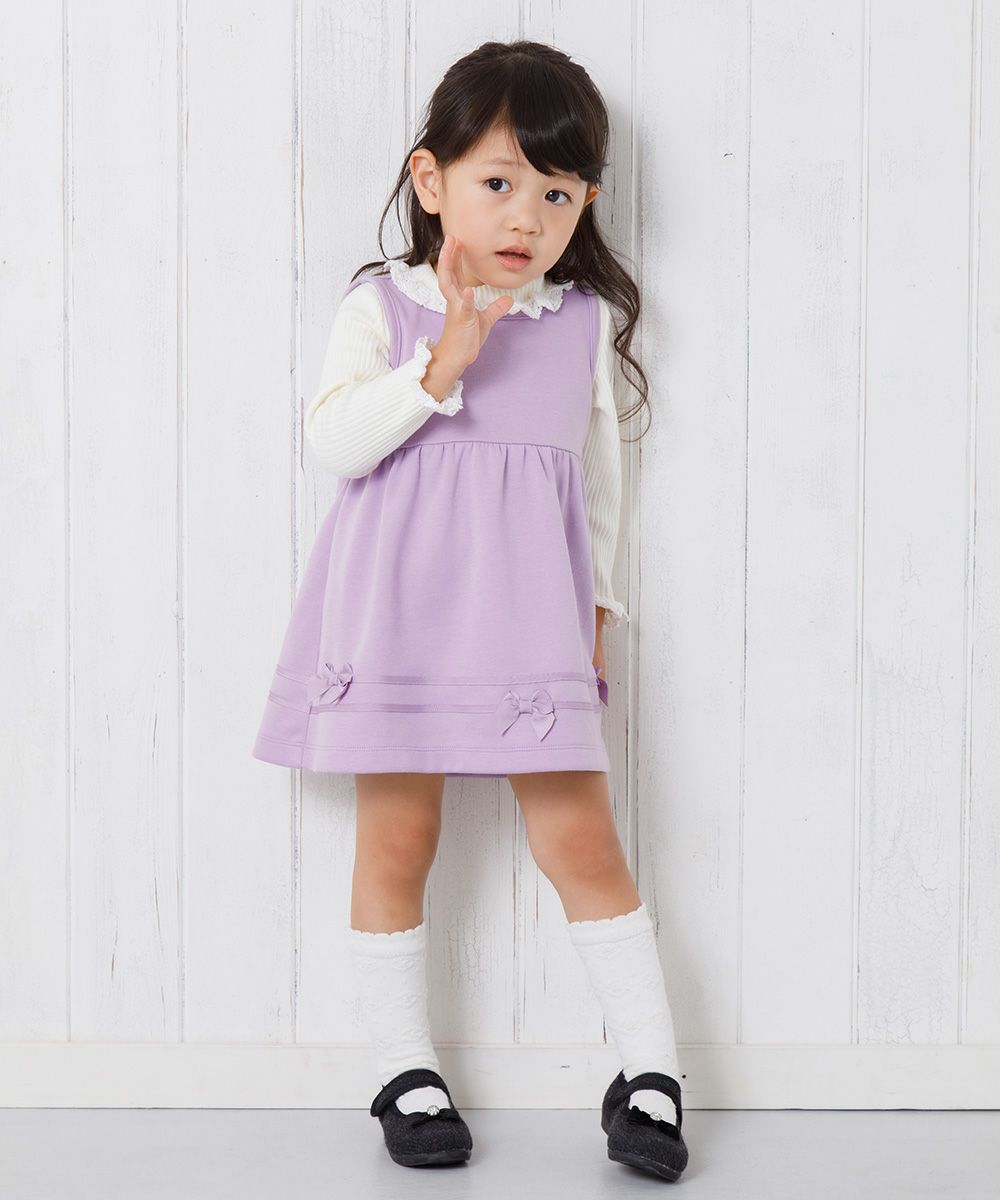 ベビー服 女の子 ベビーサイズダブルニットリボン付きギャザーワンピース パープル(91) モデル画像2