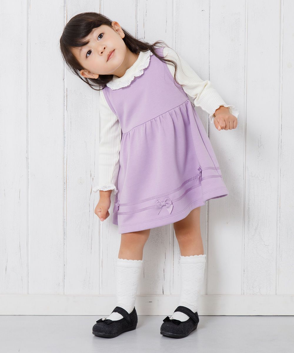 ベビー服 女の子 ベビーサイズダブルニットリボン付きギャザーワンピース パープル(91) モデル画像3