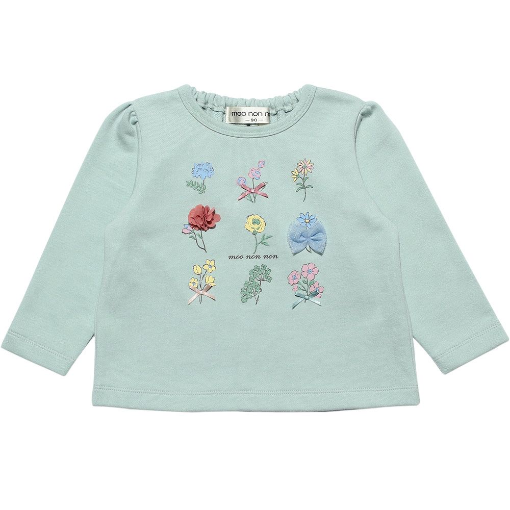 ベビー服 女の子 ベビーサイズお花モチーフ＆プリント裏毛トレーナー グリーン(08) 正面
