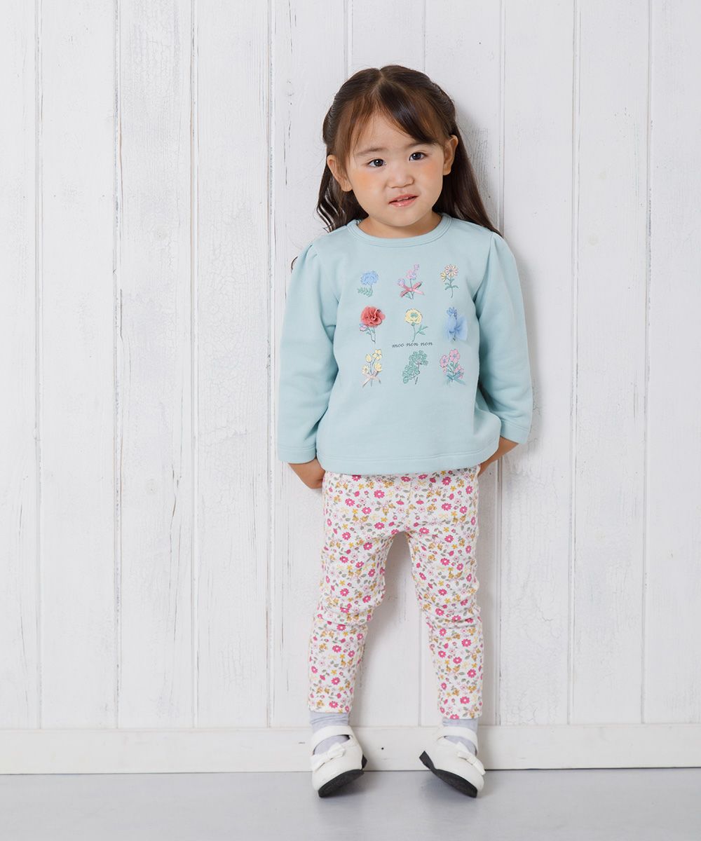 ベビー服 女の子 ベビーサイズお花モチーフ＆プリント裏毛トレーナー グリーン(08) モデル画像2