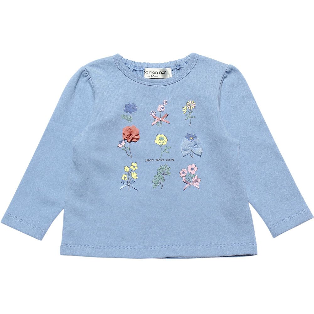 ベビー服 女の子 ベビーサイズお花モチーフ＆プリント裏毛トレーナー ブルー(61) 正面