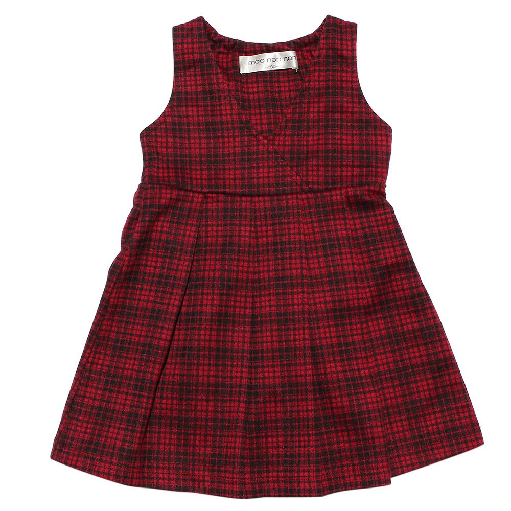 ベビー服 女の子 ベビーサイズレトロチェック柄カシュクールタックワンピース レッド(03) 正面