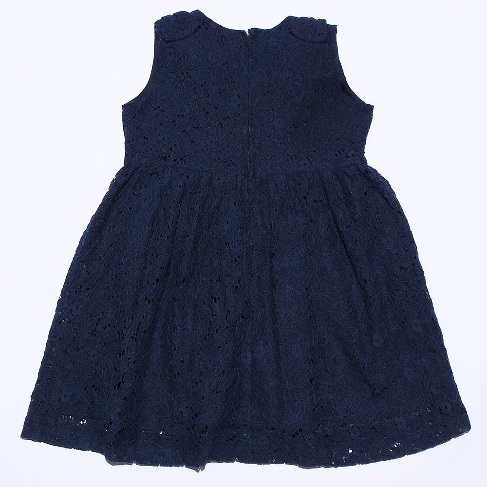 子供服 女の子 リボン付きレース裏地付きワンピース ネイビー(06) 背面