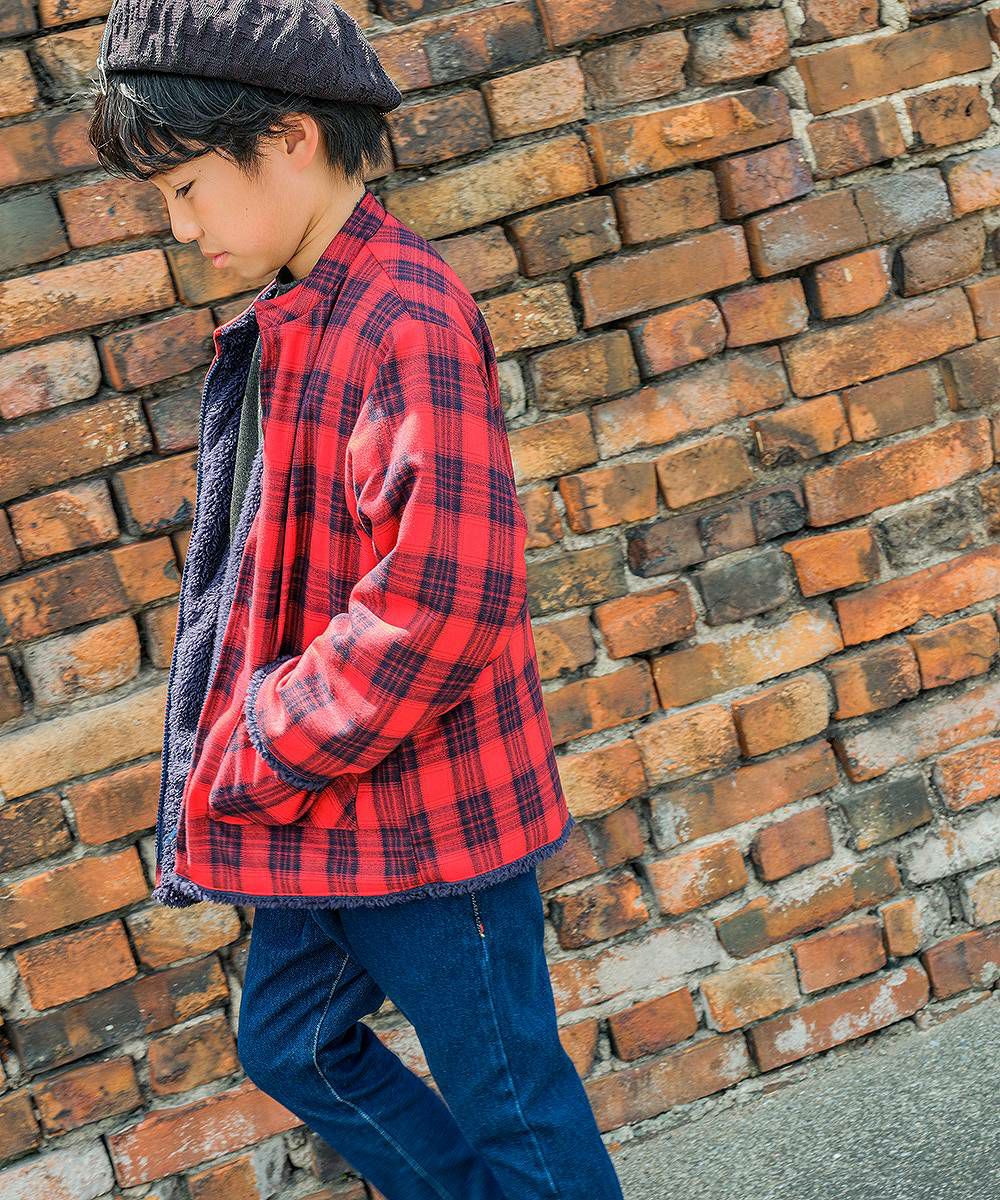 男の子 チェック柄あったかボアジップアップジャケット レッド(03) モデル画像3