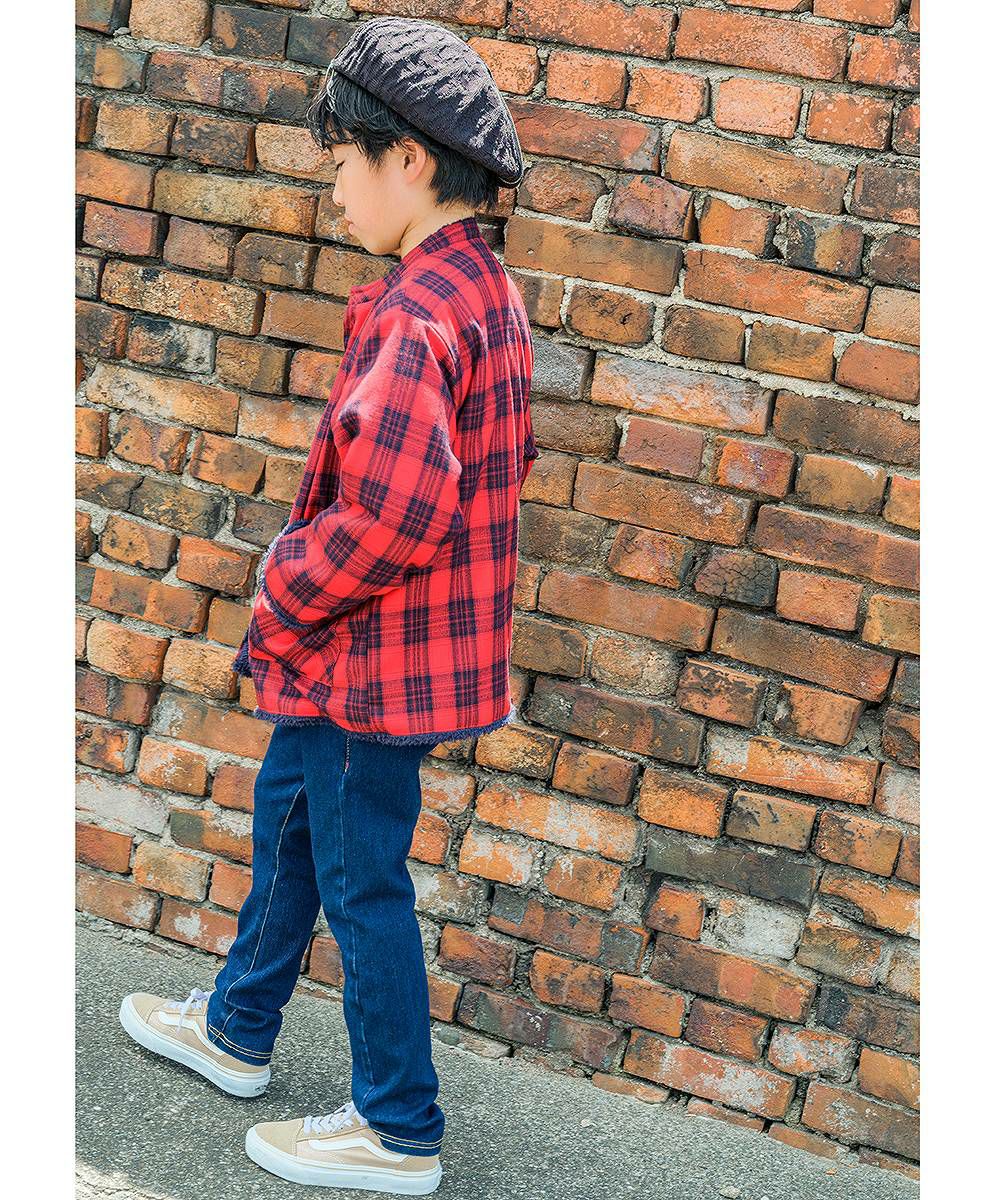 男の子 チェック柄あったかボアジップアップジャケット レッド(03) モデル画像4