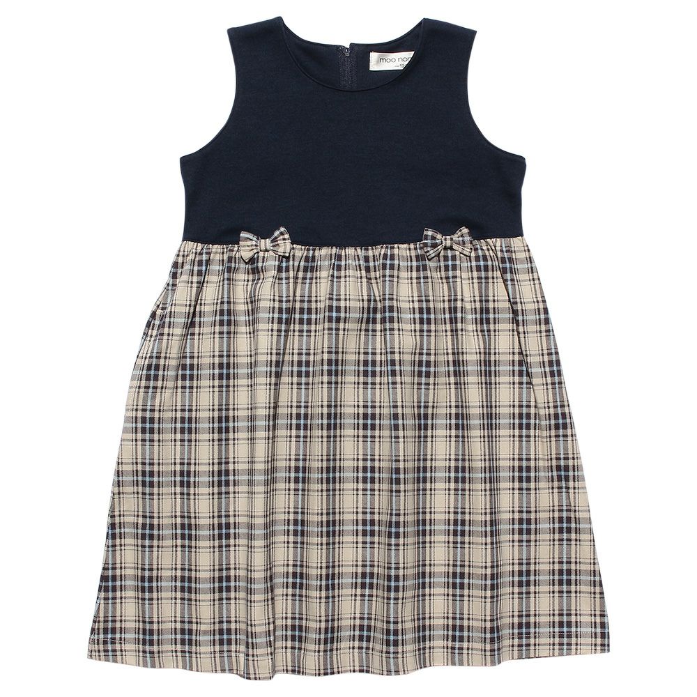子供服 女の子 オリジナルチェック柄リボン付きワンピース ネイビー(06) 正面