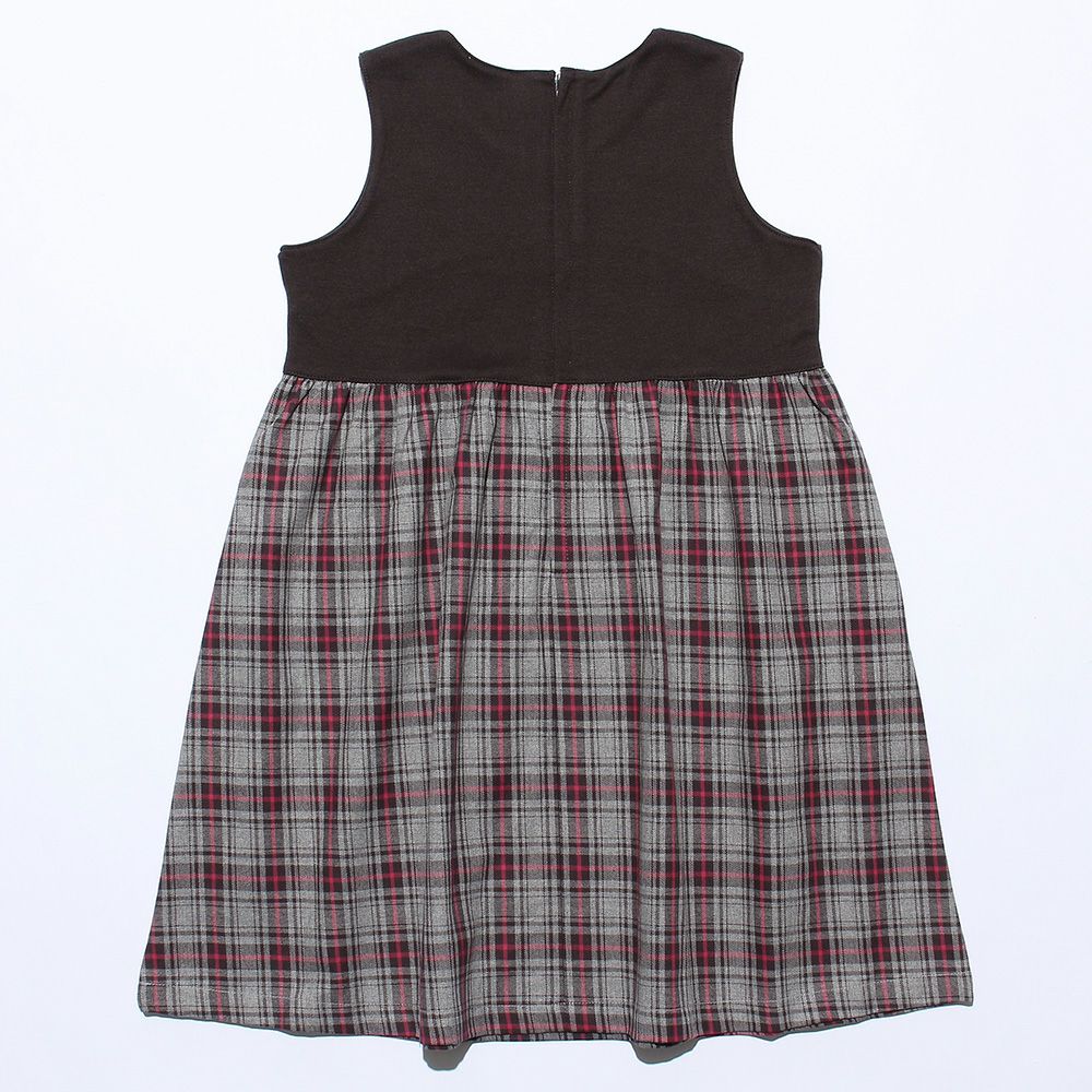 子供服 女の子 オリジナルチェック柄リボン付きワンピース チャコールグレー(93) 背面