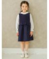 ベビー服 女の子 リボン付きギャザー異素材切り替えドッキングワンピース ネイビー(06) モデル画像1