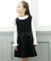 ベビー服 女の子 リボン付きギャザー異素材切り替えドッキングワンピース ブラック(00) モデル画像アップ