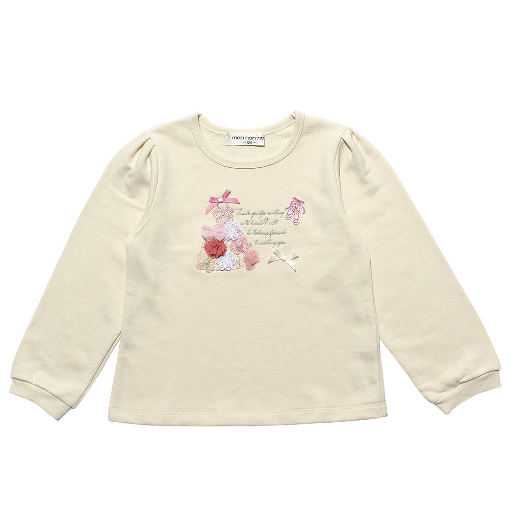 子供服 女の子 ドレス風刺繍＆お花モチーフ＆リボン付き裏毛トレーナー アイボリー(12) 正面