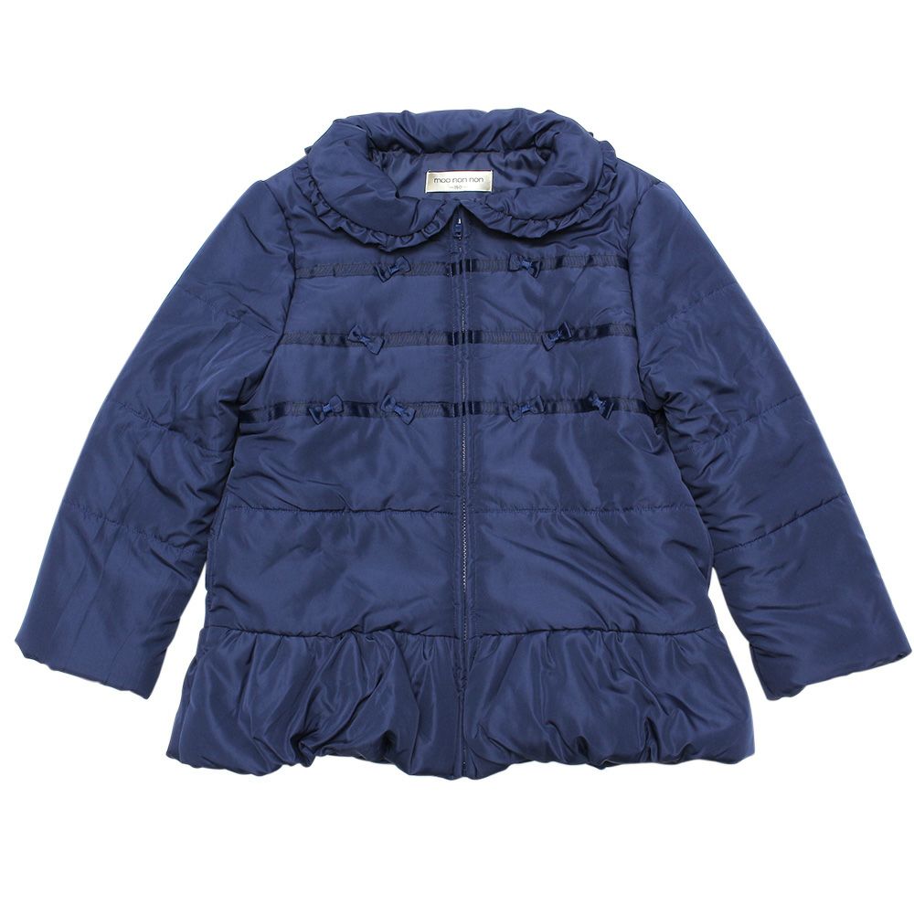 子供服 女の子 ジュニアサイズリボン付きフリル襟ジップアップあったか中綿コート ネイビー(06) 正面