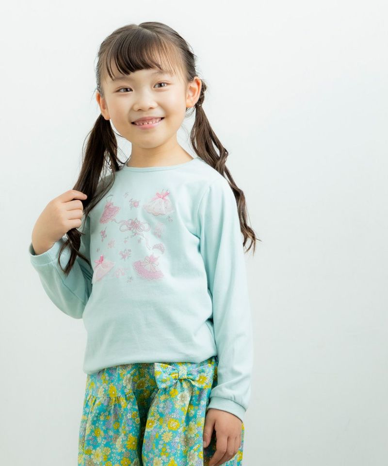 綿100％リボンつき花柄切り替えTシャツ