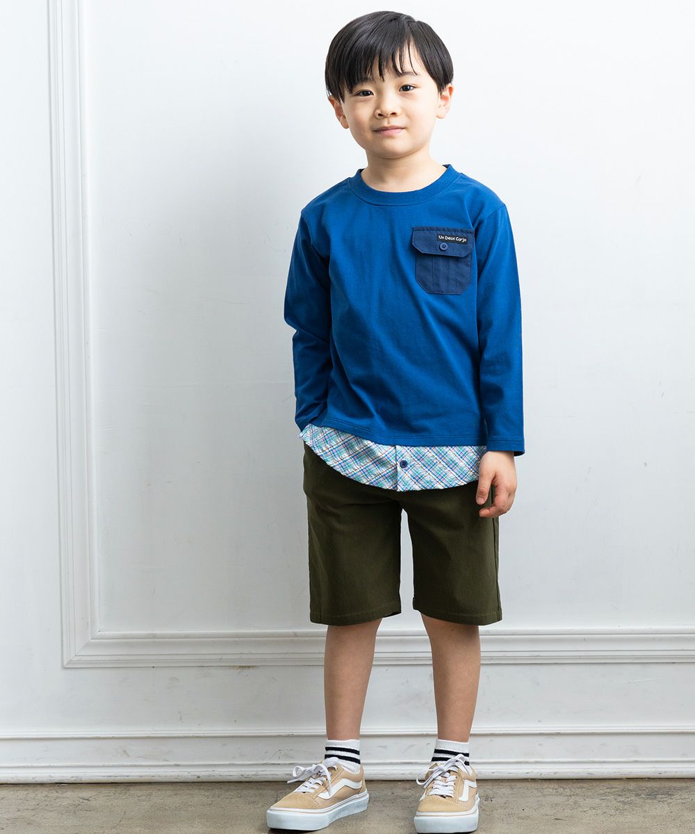子供服 男の子 チェック柄重ね着風Tシャツ ネイビー(06) モデル画像全身