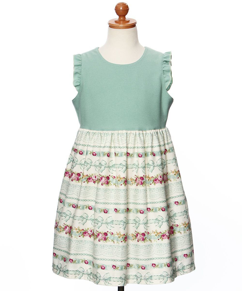 子供服 女の子 日本製花柄＆リボンワンピース グリーン(08) トルソー正面