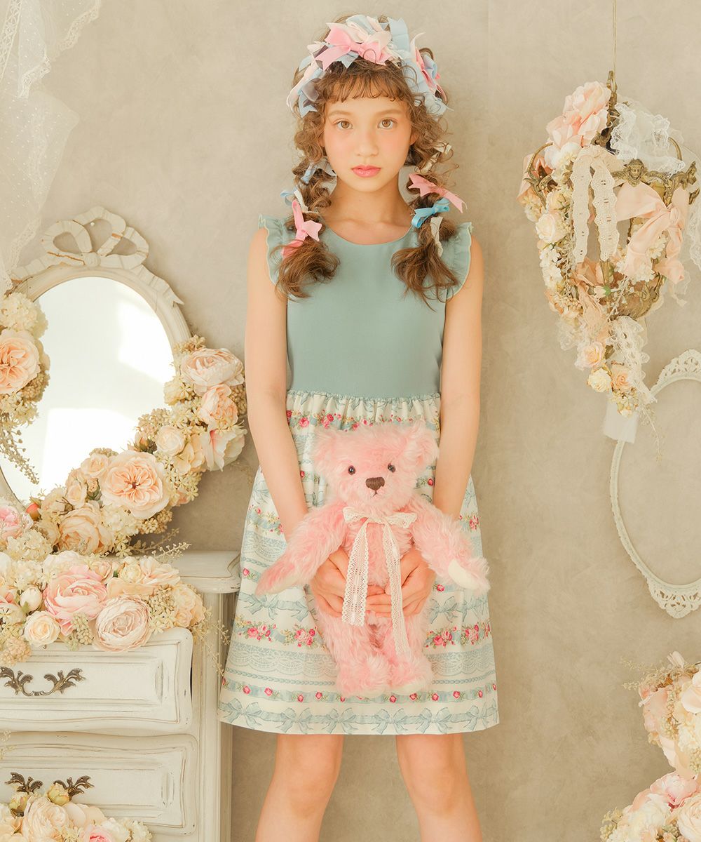 子供服 女の子 日本製花柄＆リボンワンピース グリーン(08) モデル画像3