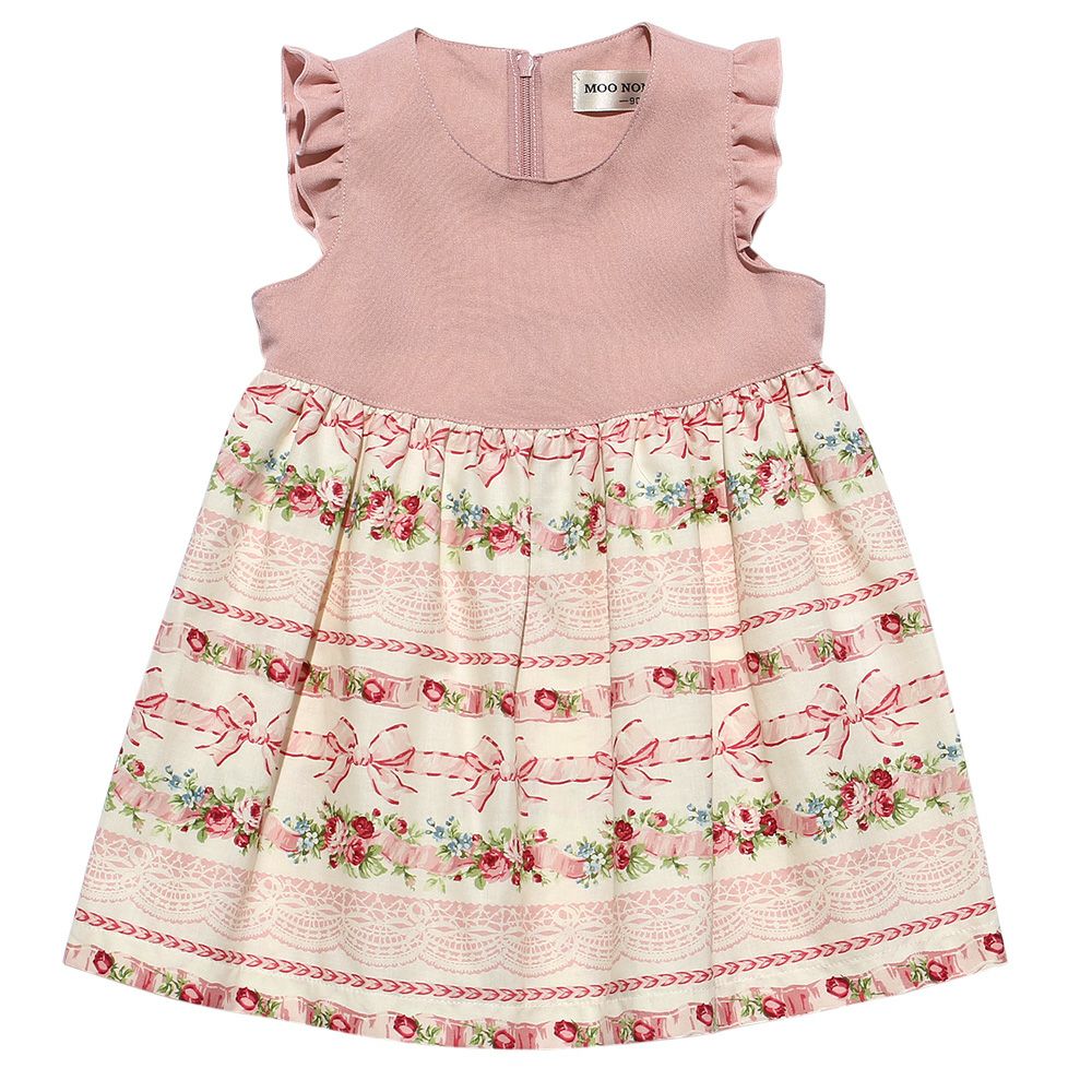 ベビー服 女の子 日本製花柄＆リボンプリントワンピース ピンク(02) 正面