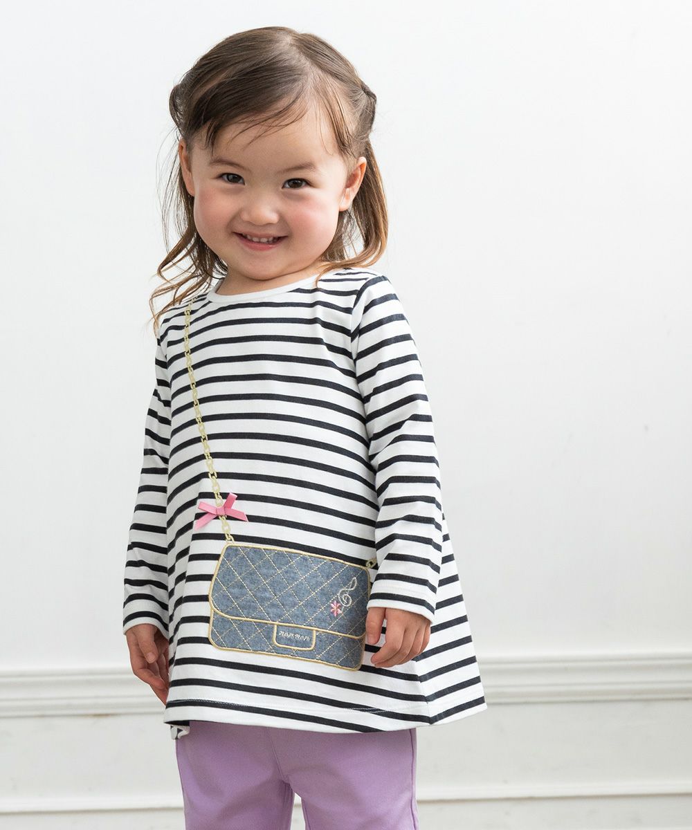 ベビー服 女の子 ベビーサイズ綿100％ボーダー柄Tシャツ オフホワイト(11) モデル画像アップ