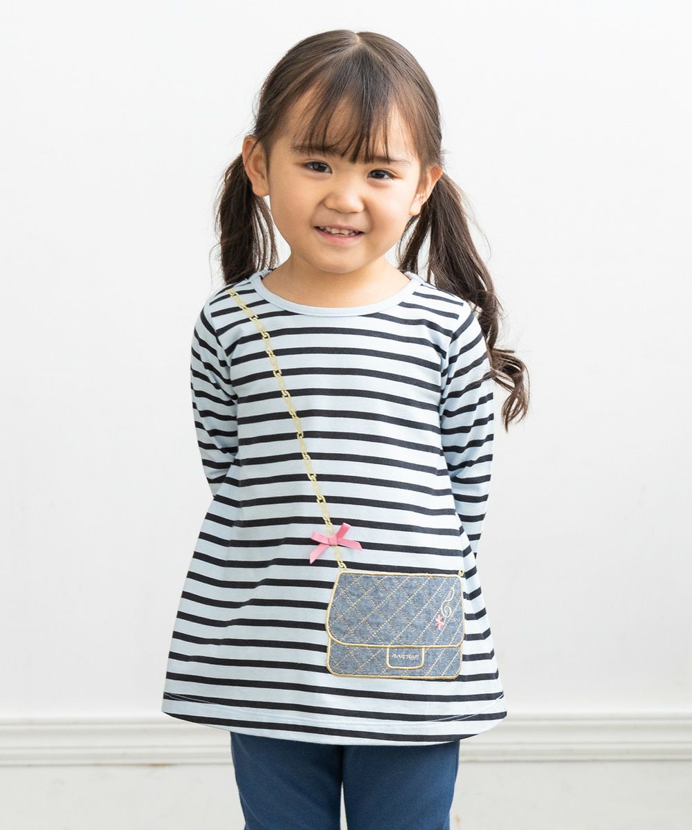 ベビー服 女の子 ベビーサイズ綿100％ボーダー柄Tシャツ ブルー(61) モデル画像全身