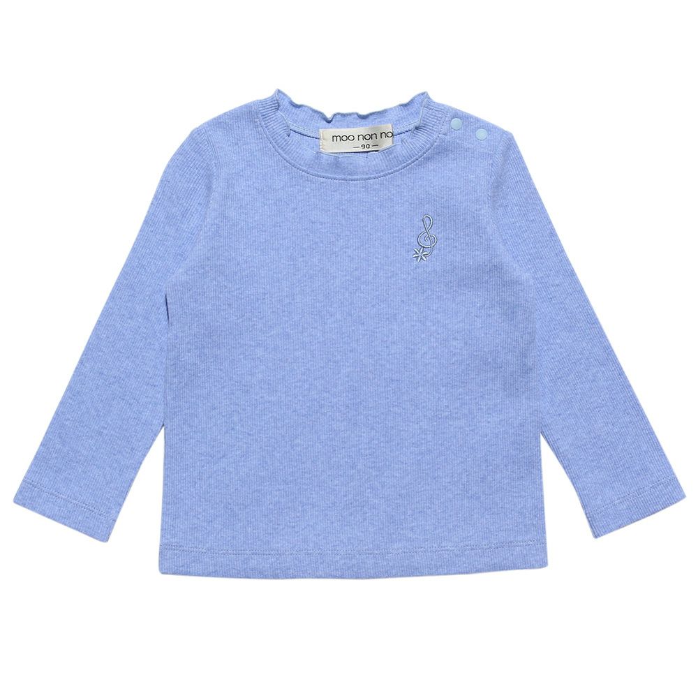 ベビー服 女の子 ベビーサイズ音符刺繍リブ生地無地Tシャツ ブルー(61) 正面