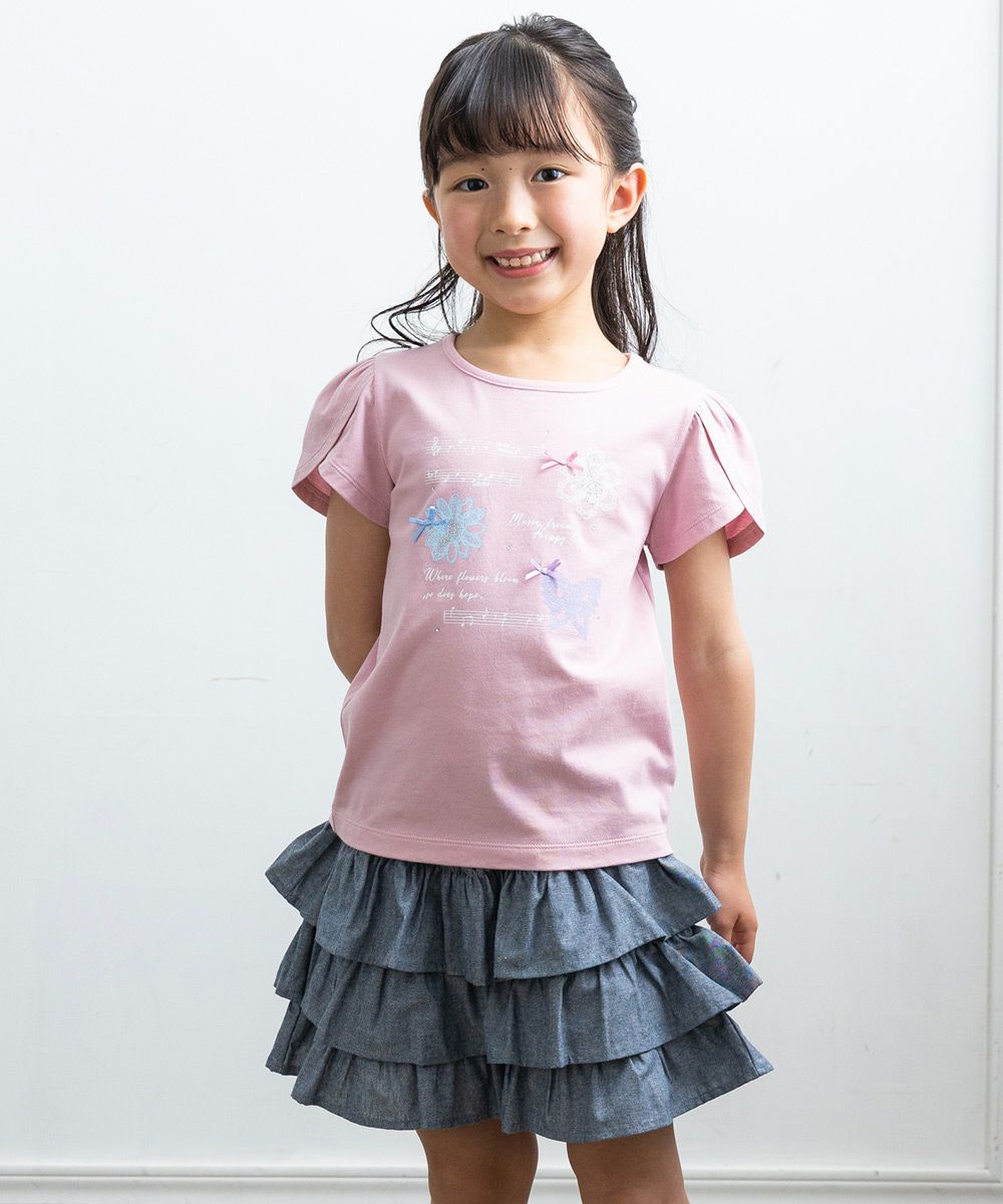 子供服 女の子 綿100％ちょうちょプリントTシャツ ピンク(02) モデル画像1