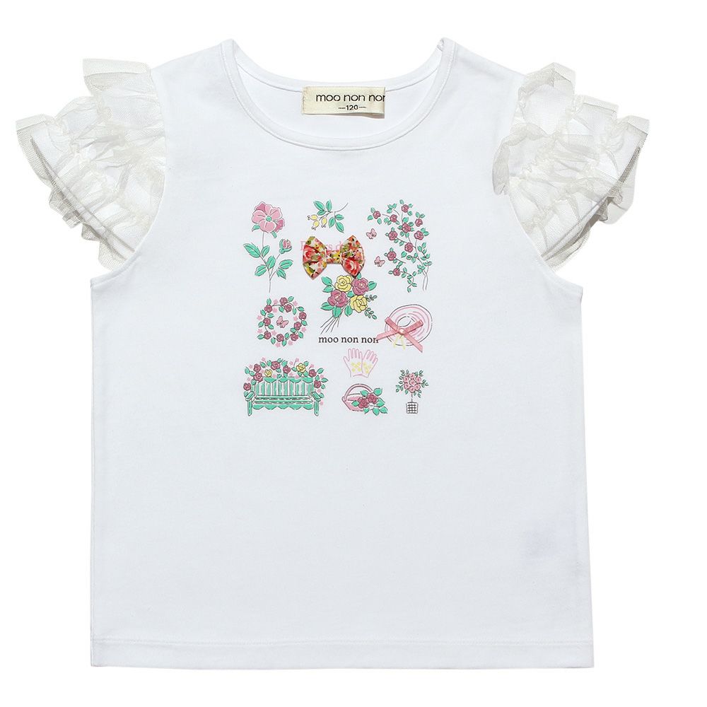 子供服 女の子 お花プリント＆リボン付きTシャツ オフホワイト(11) 正面