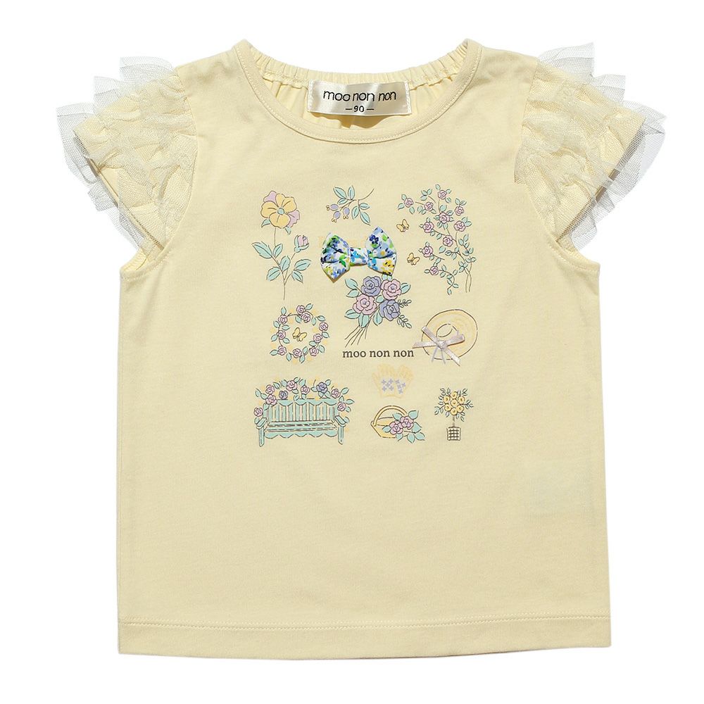 ベビー服 女の子 お花プリント＆リボン付きTシャツ イエロー(04) 正面