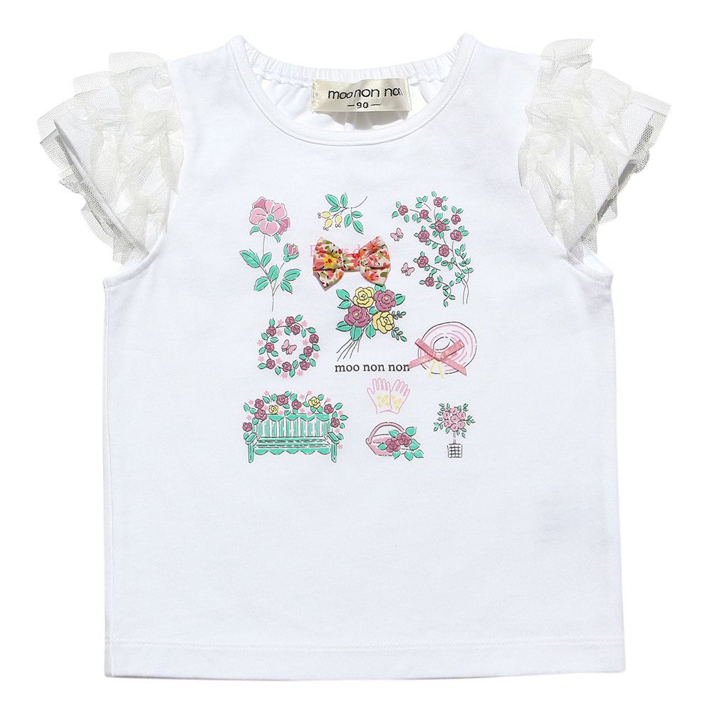 ベビー服 女の子 お花プリント＆リボン付きTシャツ オフホワイト(11) 正面