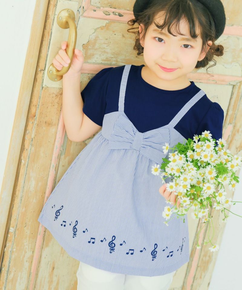 ストライプ柄重ね着風Tシャツ