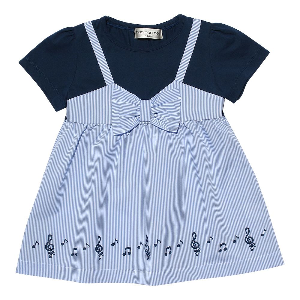ベビー服 女の子 ストライプ柄重ね着風Tシャツ ネイビー(06) 正面