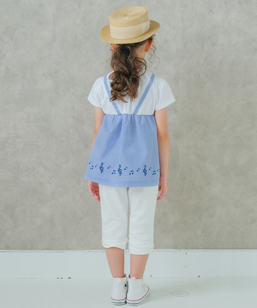 ベビー服 女の子 ストライプ柄リボン付き音符プリント重ね着風Aライン オフホワイト(11) 正面