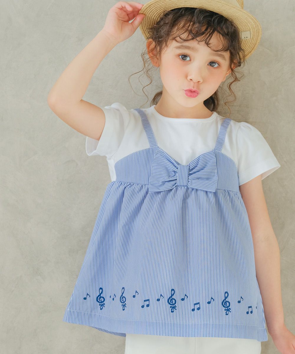 ベビー服 女の子 ストライプ柄重ね着風Tシャツ オフホワイト(11) モデル画像アップ